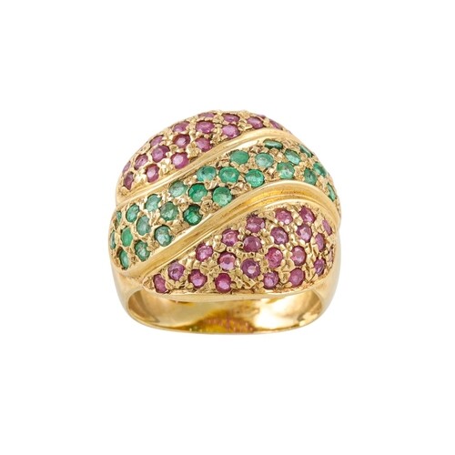 A RUBY AND EMERALD BOMBE STYLE RING, pave set in 18ct yellow...