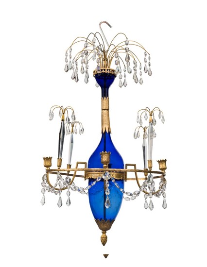 A RUSSIAN ORMOLU AND BLUE-GLASS FOUR-LIGHT CHANDELIER, LATE 18TH/EARLY 19TH CENTURY