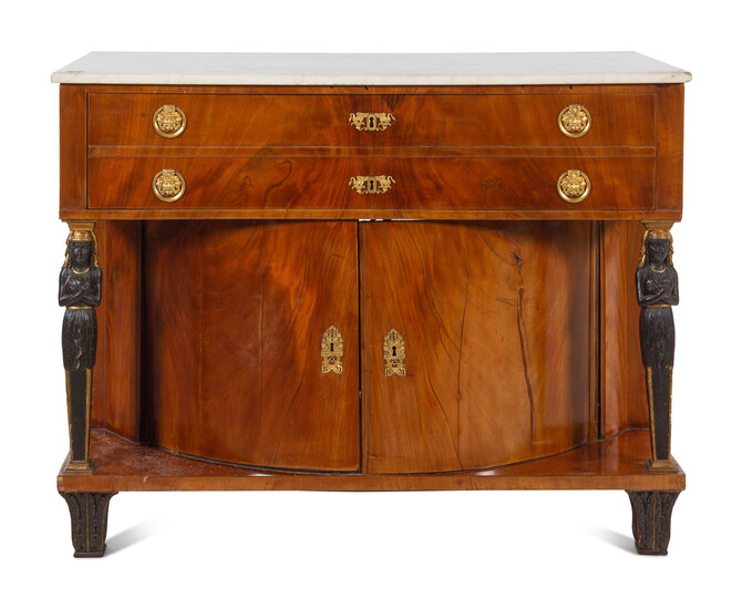 A Russian or Baltic Neoclassical Parcel Ebonized and Gilt Bronze Mounted Mahogany Marble-Top Cabinet