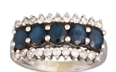 A SAPPHIRE AND DIAMOND DRESS RING, the five oval cut sapphir...
