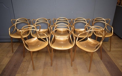 A SET OF EIGHT KARTELL STYLE GOLD DINING CHAIRS (A/F) (82H x 55W x 55D CM) (LEONARD JOEL DELIVERY SIZE: LARGE)