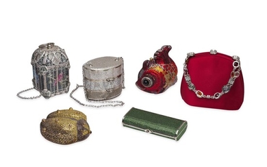 A SET OF SIX: A MULTICOLOR CRYSTAL BIRD CAGE EVENING BAG, A MULTICOLOR CRYSTAL JEWELLERY BOX EVENING BAG, A MULTICOLOR CRYSTAL GOLD FISH CLUTCH, A RED SATIN & CRYSTAL EVENING BAG, A MULTICOLOR CRYSTAL LADYBUG CLUTCH, A MULTICOLOR CRYSTAL MINAUDIÈRE...