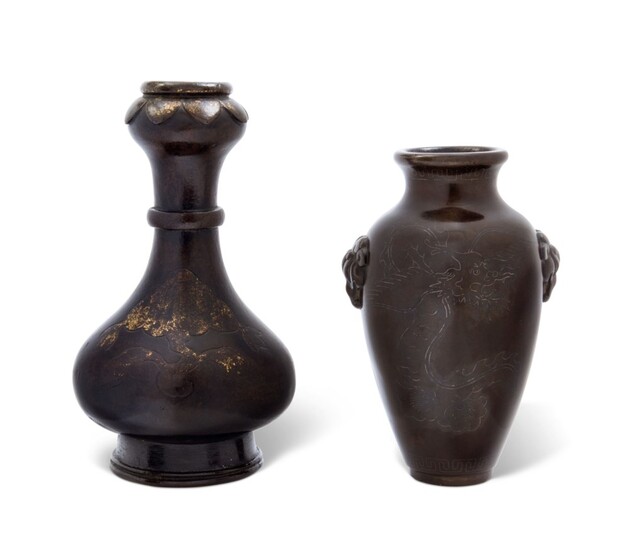 A SILVER-INLAID BRONZE VASE AND A PARCEL-GILT GARLIC-NECK VASE, 17TH-19TH CENTURY