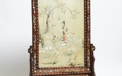 A Silk Embroidered 'Magu and Deer' Table Screen With Mother-of-Pearl Inlays, Circa 1900