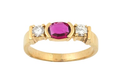 A Synthetic Ruby and Diamond Three Stone Ring the oval...