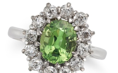 A TSAVORITE GARNET AND DIAMOND CLUSTER RING in 18ct white gold, set with an oval cut tsavorite