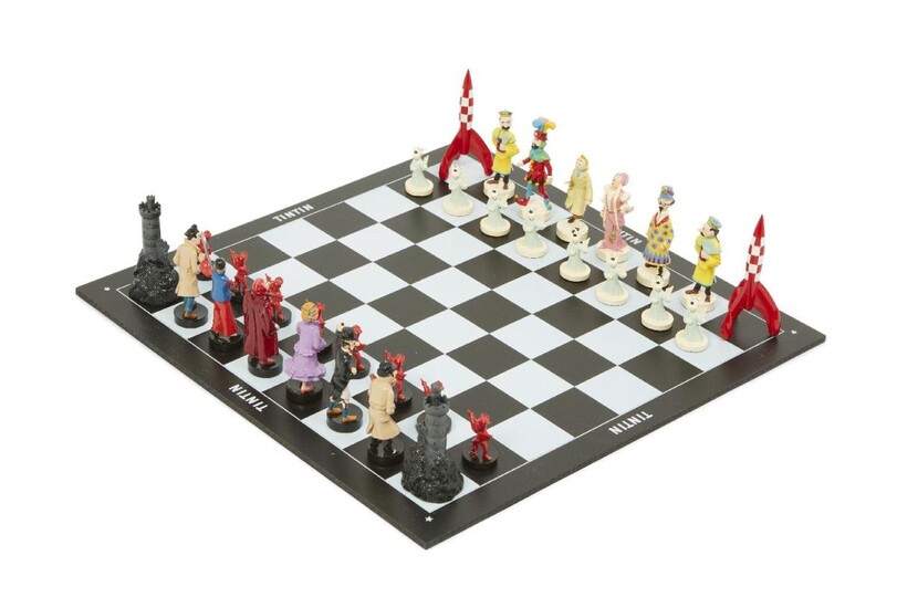 A Tintin limited edition chess set, by Pixi, 1995, containing the complete set of 32 hand-painted lead pieces depicting numerous characters from The Adventures of Tintin Series, limited edition no.716 of 1000, in original box and plastic bag...