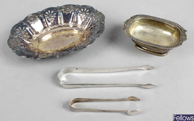 A William IV silver pedestal salt, together with a late Victorian silver basket, and two pairs of silver sugar tongs.