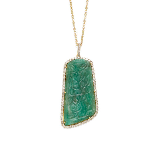 A carved emerald and diamond pendant