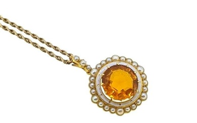 A citrine, pearl and enamel pendant and chain, circular pendant with a central claw set round