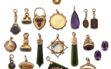 A collection of jewellery: comprising; eleven various fob seals; a zircon bar brooch; a pair of amethyst ear clips and matching pendant; three nephrite pendants; a Victorian garnet padlock clasp; and a Masonic ball fob.