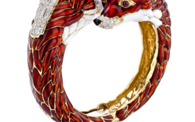 A diamond, emerald, ruby and enamel double fox head bangle bracelet,, David Webb
