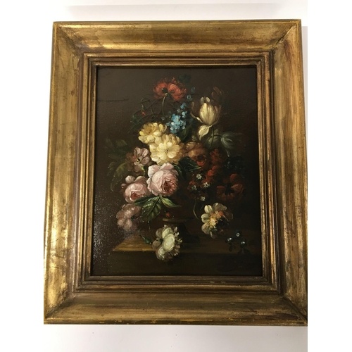 A framed oil painting on canvas still life study. Indistinct...