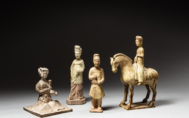 A group of four pottery figures, Tang dynasty | 唐 陶俑一組四件