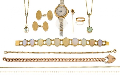 A group of jewellery, comprising: a 9ct gold curb link bracelet with padlock clasp, 24.8g; a pair of 9ct gold engine turned cufflinks, 9.8g; an Edwardian aquamarine pendant necklace; a pale blue gem pendant necklace; a gold mounted opal bracelet...