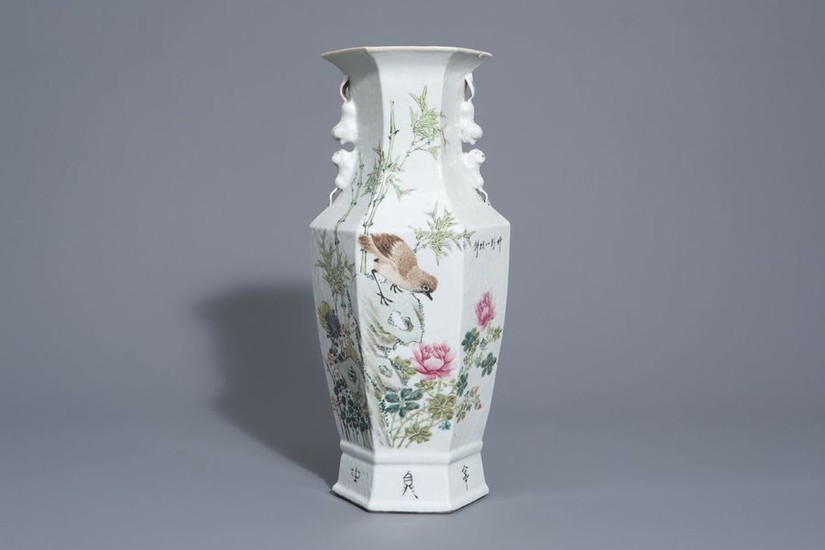 A hexagonal Chinese qianjiang cai vase with a...