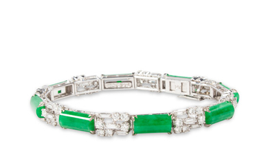 A jadeite jade, diamond and fourteen karat white gold bracelet