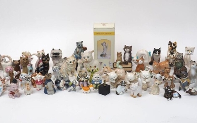 A large collection of miniature pottery and plastic cats of various designs and makers, together with twelve glazed pottery cats each representing a month of the year, each titled and signed 'Lesley' to underside, tallest 9cm high, and a quantity...