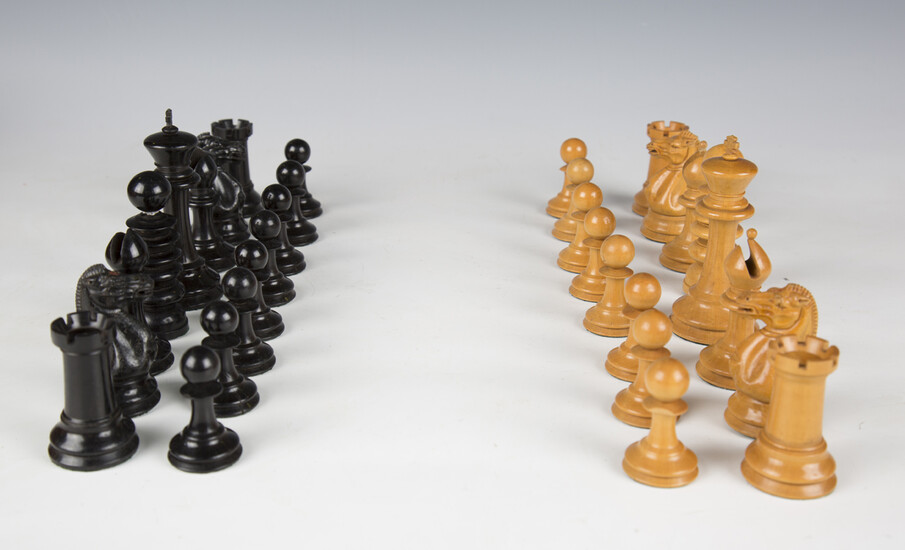 A large early 20th century boxwood and ebony Staunton part chess set by Jaques of London, height of