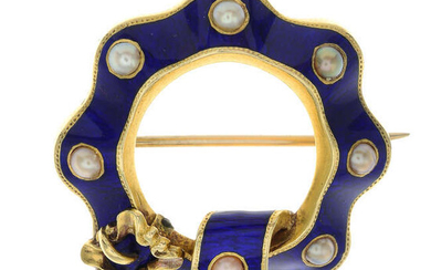 A late 19th century gold blue enamel and split pearl brooch.