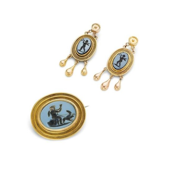 A late 19th century intaglio brooch and earrings
