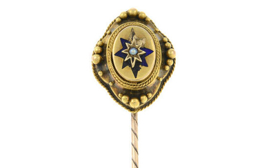 A late Victorian gold enamel and split pearl star stickpin.