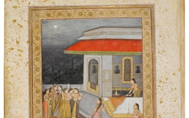 A maiden being led to her bedchamber, with calligraphy by Muhammad Amin al-Mashhadi, Mughal, Delhi or Lucknow, circa 1755-65