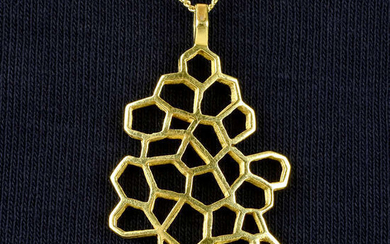 A mid 20th century 18ct gold brilliant-cut diamond highlight, geometric openwork pendant, by John Donald.