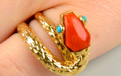 A mid 20th century coral and turquoise snake ring, by Cartier.
