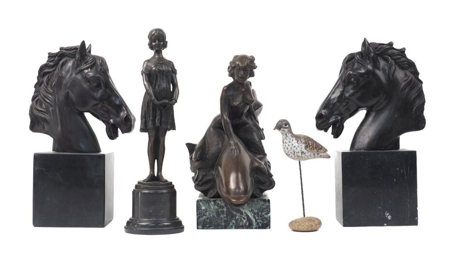A modern bronze model of a mermaid riding a whale, on a green marble plinth, cast by the Morris Singer foundry, 29cm wide; together with a bronze model of a standing woman, after Demetre Chiparus, late 20th century, on a black marble circular...