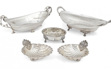 A navette-shaped Victorian silver dish, Sheffield, c.1897, James Dixon & Sons, the bifurcated foliate twin handles to pierced sides repousse decorated with garlands, 33cm long, together with a Victorian silver sugar bowl, London, c.1864, Beare...