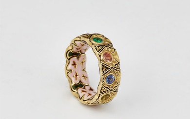 A one of a kind German 21k gold polychrome enamel and coloured gemstone ring.