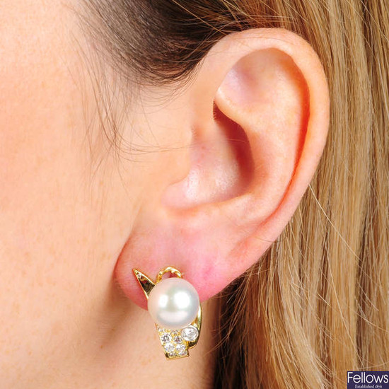 A pair of 18ct gold, cultured pearl and diamond