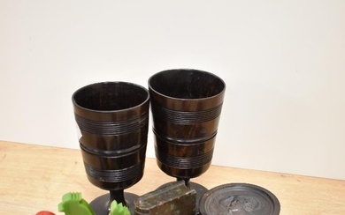A pair of 19th/20th Century turned treen goblets, measuring 14cm high, together with other items
