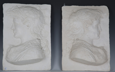 A pair of 20th century cast plaster panels depicting classical figures, by Chris Church, Norfolk, 48