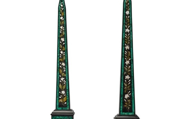 A pair of Ashford black marble, malachite and hardstones inlaid obelisks, late 19th century/ early 20th century