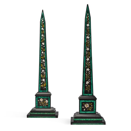 A pair of Ashford black marble, malachite and hardstones inlaid obelisks, late 19th century/ early 20th century