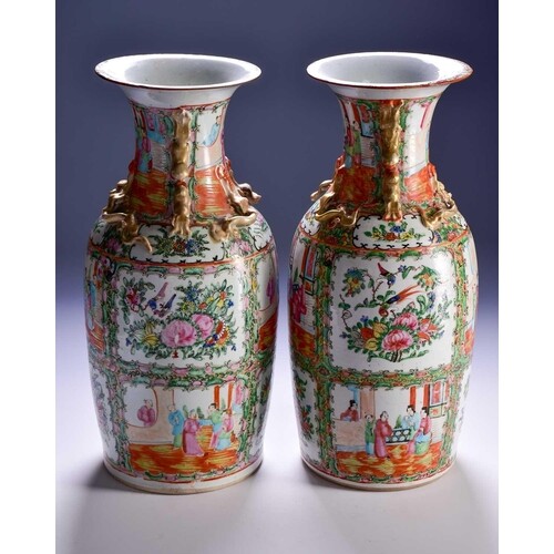 A pair of Canton enamel vases, Qing, 19th century, the flare...