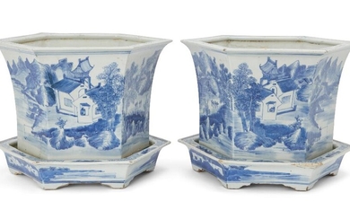 A pair of Chinese blue and white hexagonal jardinieres with stands, 18th century, each standing on bracket shaped feet with everted rim, painted to the exterior with figurative watery landscape scene, base unglazed with a hole, 24cm high, 34.5cm...