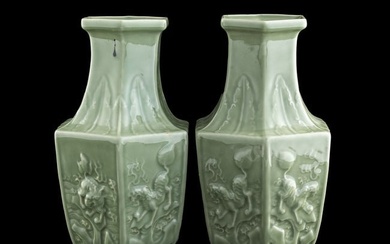A pair of Chinese celadon-glazed 'beast' hexagonal vases, Republic period