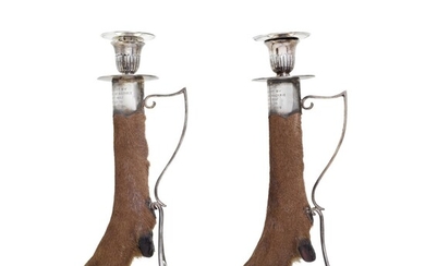 A pair of Edwardian silver-mounted stag's foot candle holders, Charles Edwards, London, 1901