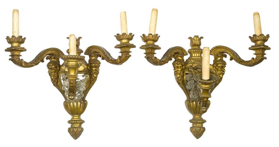A pair of French gilt-bronze three-light wall appliques, early 20th...