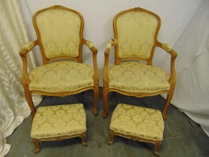 A pair of French style upholstered armchairs and a pair of m...