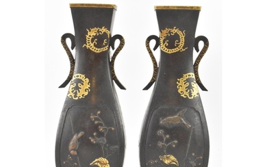 A pair of Japanese Meiji period bronze vases, decorated with...
