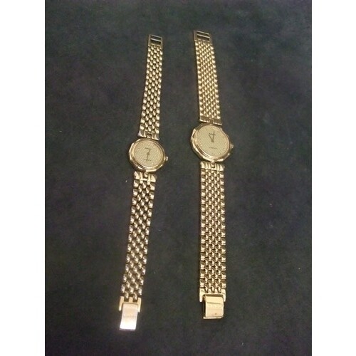 A pair of "Rado" ladies and gent's gold plated and stainless...
