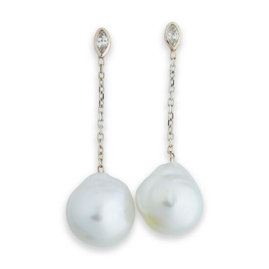 A pair of South Sea pearl, diamond and fourteen karat