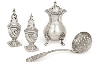A pair of Victorian silver peppers, Birmingham, 1884, Harwood, Plante & Harrison, of baluster form, 8.5cm high, together with a Georgian silver sifting spoon, Exeter, 1818, Joseph Hicks, 15.6cm long, and a silver pepper, London, 1973, S J Rose &...