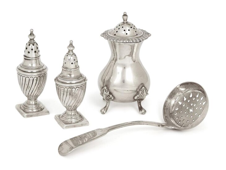 A pair of Victorian silver peppers, Birmingham, 1884, Harwood, Plante & Harrison, of baluster form, 8.5cm high, together with a Georgian silver sifting spoon, Exeter, 1818, Joseph Hicks, 15.6cm long, and a silver pepper, London, 1973, S J Rose &...