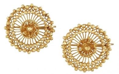 A pair of brooches, of openwork stylised flowerhead design with...