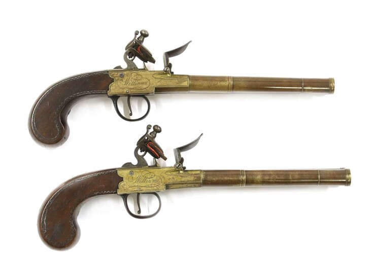 A pair of double-barrel box-lock flintlock pistols